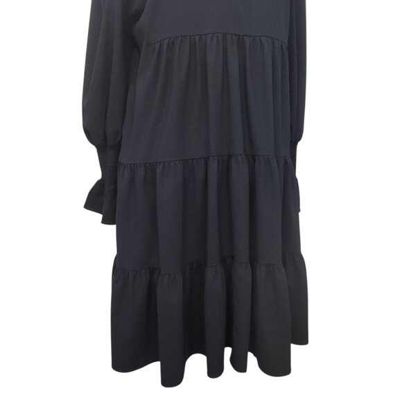 Pomander Place Tuckernuck Crepe Kenzo Little Black Dress Tiered Mini Dress L - Picture 4 of 14